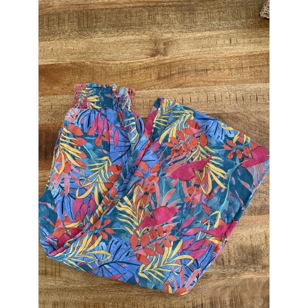Kona Sol‎ Womens Medium Tropical Floral Rayon Cropped Pants Smocked Waist Resort